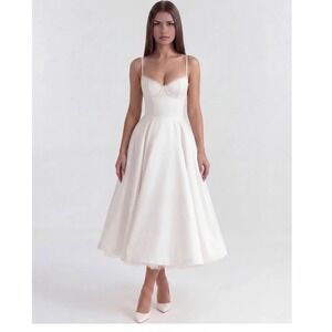 Almond Muse Ivory Satin Corset Midi Dress Sweetheart Lace Trim Pockets NWT Small